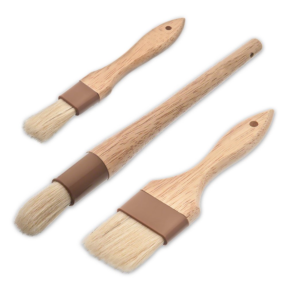 TrueCraftware-Set of 3 Basting Brush Pastry Brushes Boar Bristles - (1) 3" Flat Brush (1) 1" Round Brush (1) 1" Flat Brush- Multi-Pastry Brush Basting Barbecue Oil Brush Spreading Butter Cooking