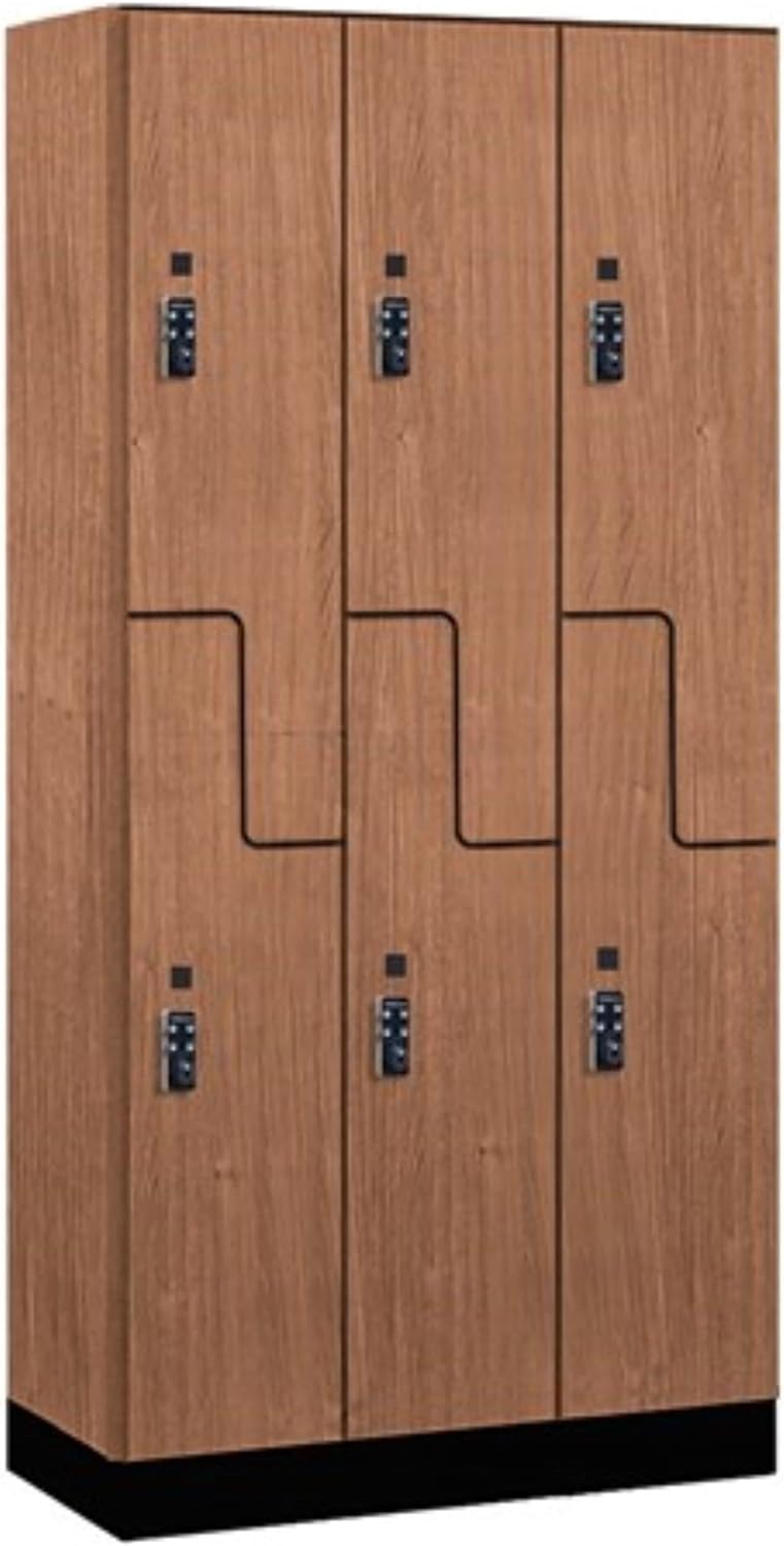 Salsbury Industries 12" Wide Premier Wood Locker-Double Tier 'S' Style-3 Wide-6 Feet High-21 Deep-Red Oak-Black Resettable Combination Locks