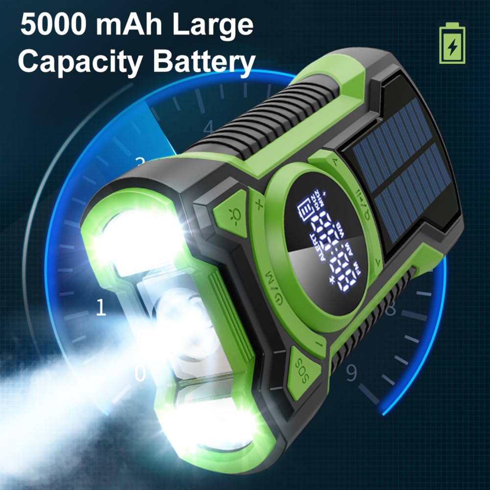 Radio meteorologica di emergenza solare Cymwer, manovella a mano impermeabile AM/FM/NOAA Meteo Radio 5000Mah Bluetooth-compatibile 5.3 Flashlight Charger LED Flashlight Alarring
