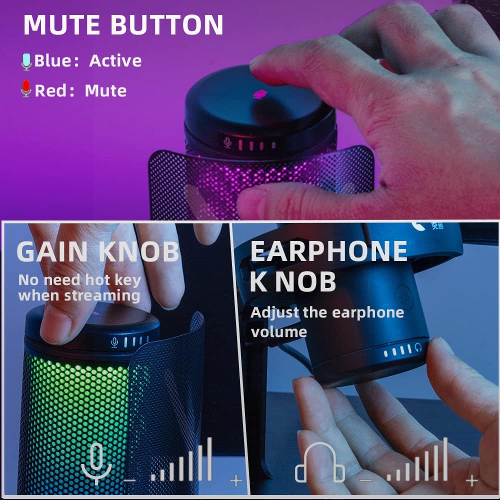 Close-up of microphone showing mute button, gain knob, and earphone knob