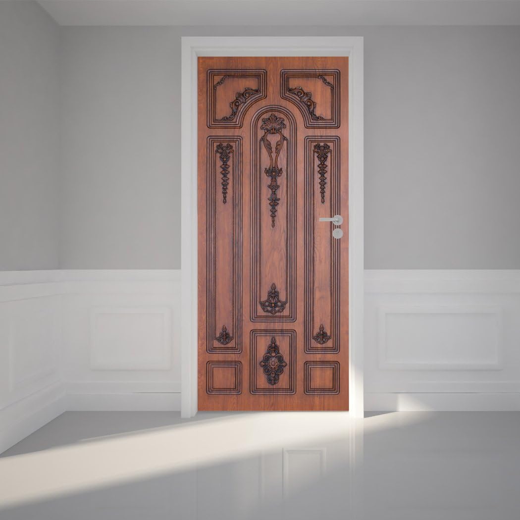 Door Wall Sticker Brown Wooden Door - Self Adhesive Peel & Stick Repositionable Fabric Mural 31" w x 79" h (80 x 200cm)