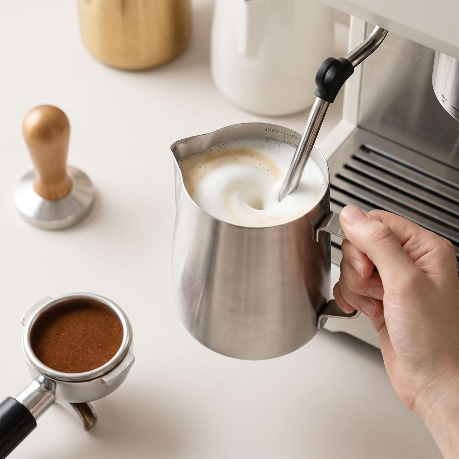 2 Pack Stainless Steel Frothing Pitcher with Internal Corrosion Scale, 32oz Milk Frothing Pitcher for Coffee Latte Art Cappuccino, Includes 2 Frothing Pens (Silver, 8.7 x 5.5 x 5.1 Inches)