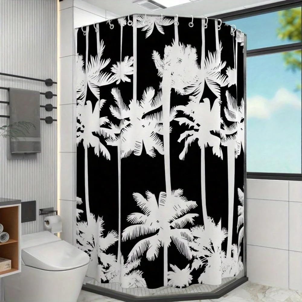 GLKSDLPO 1pc Black White Grey Beige Palm Tree Shower Curtain - White Palm Tree & Grey Leaf Design, Textured Vertical Stripes(155x200cm/61x79in(WxH))