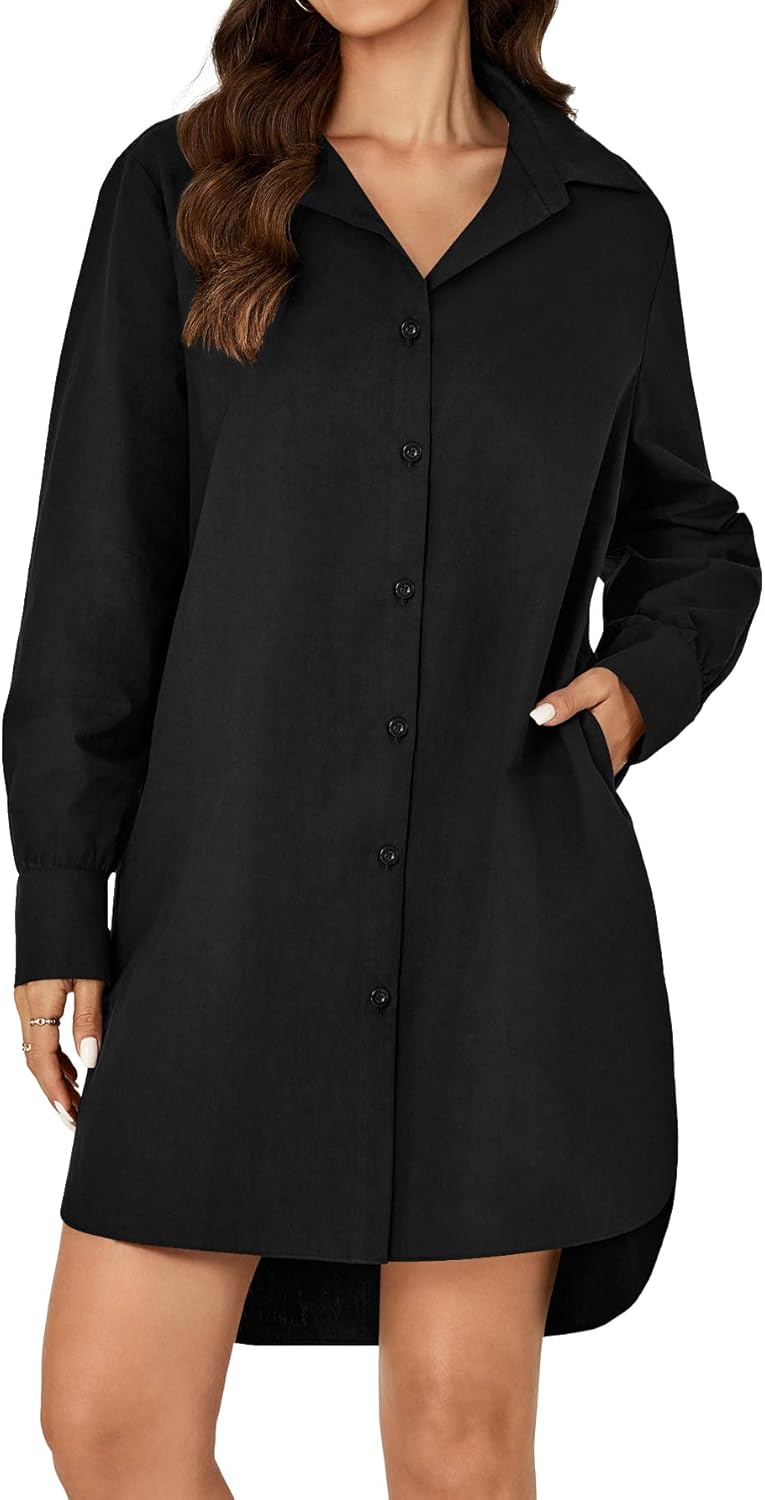 Vrtige Women's Casual Collar V Neck Button Down Long Sleeve Tunic Mini Short Shirt Dress with Pockets - Image 5
