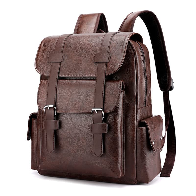 FUNSEED Mochila para hombre, gran capacidad, bolsa para laptop de 15.6 pulgadas, bolsa de hombro de piel sintética vintage para viajes y trabajo, Marrón, L, Moda