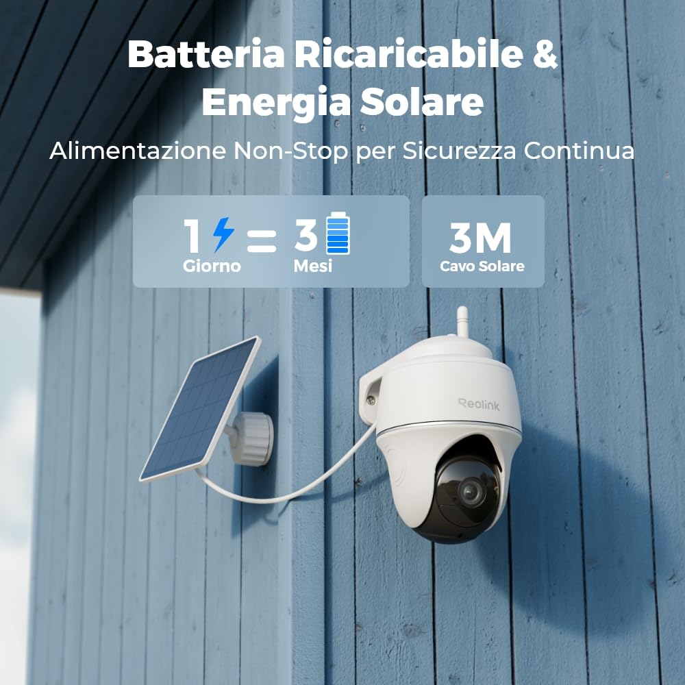Reolink 360° PTZ Videocamera Sorveglianza Batteria Solare, Rilevamento PIR | 3MP Telecamera WiFi Esterno Senza Fili, Visione Notturna IR, Impermeabile, Audio a 2 Vie, Argus PT Lite con Pannello Solare