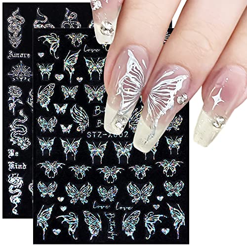 3D Laser Silver Butterfly Nail Stickers Spring Nail Art Stickers Punk Metallic Aurora Silver Black Butterfly Nail Decals Snake Butterfly Stickers For Nails Diy Women Nail Accessories Nail Decor, 6Pcs #TOP5
