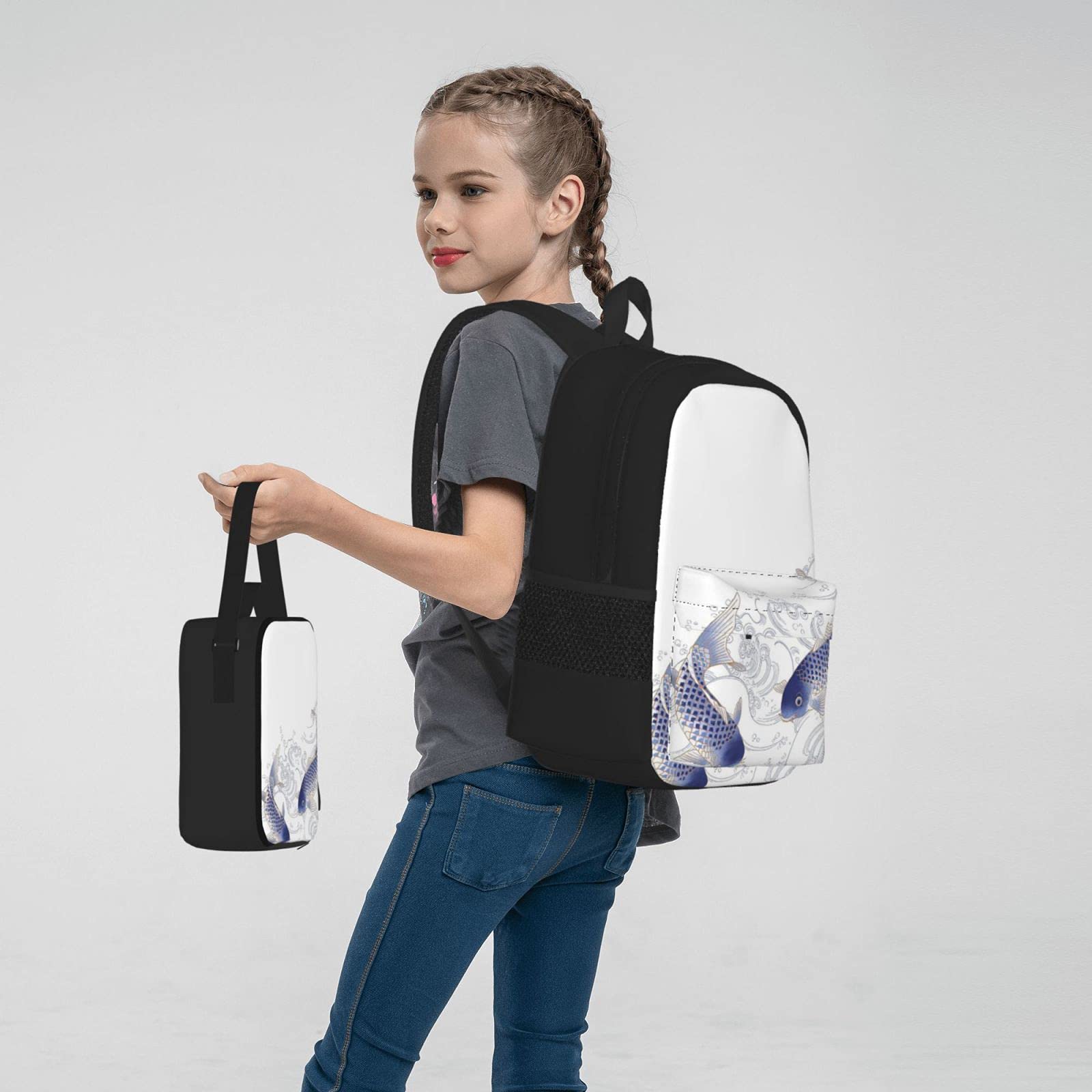 Carpa da nuoto Zaino scolastico in tre pezzi per ragazze e adolescenti (combinazione borsa scuola + astuccio + borsa pranzo)