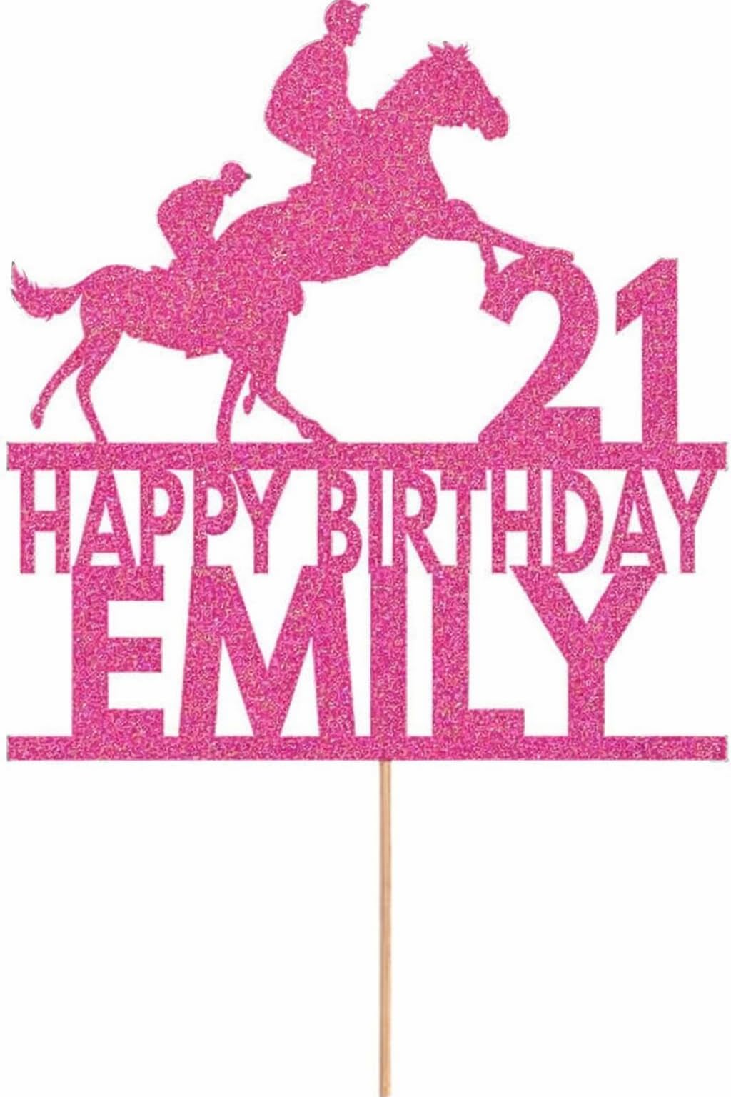 Personalised Horse Racing Birthday Cake Topper Decoration | Custom Name & Age | Horse Racing Party Cake Decor | Glitter Card Topper for Kids & Adults (Pink)