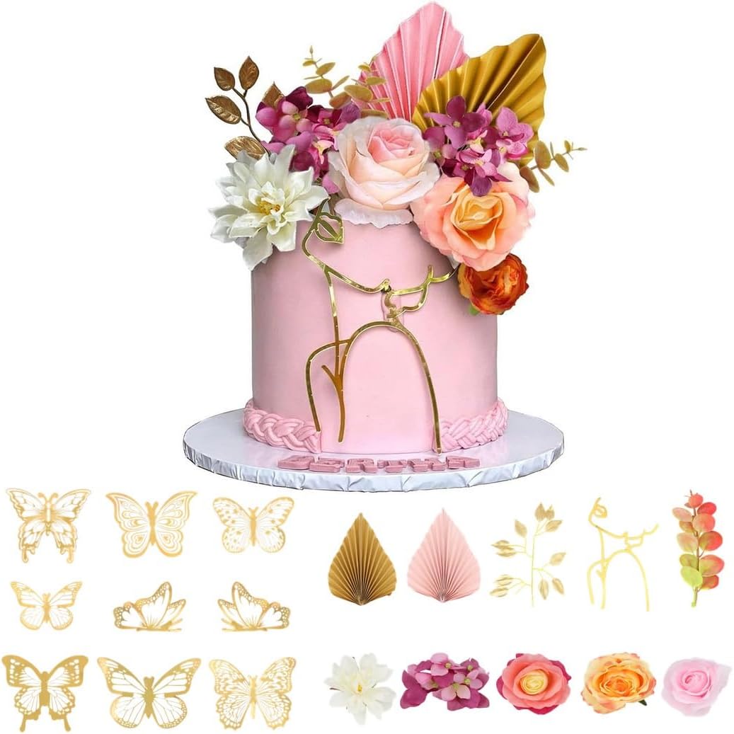 Cake Decorations, Minimalist Art Lady Face Cake Topper Set, 22 Pcs, Golden Butterflies, Eucalyptus Leaves, Artificial Flowers, For Birthday Wedding