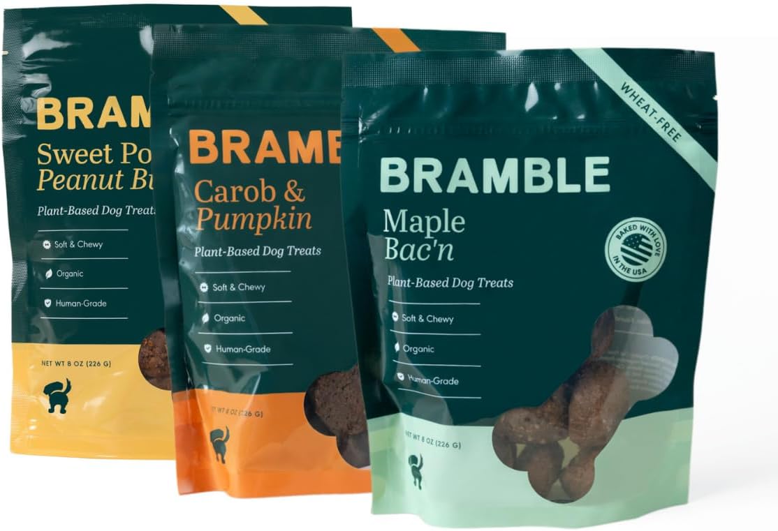 BRAMBLE Dog Treats. Plant-Based Carob & Pumpkin, Sweet Potato, and Maple Bac'n, Treats for Dogs Bundle, Wheat-Free, Organic Soft & Chewy Cookies. 3 Packs 8 oz