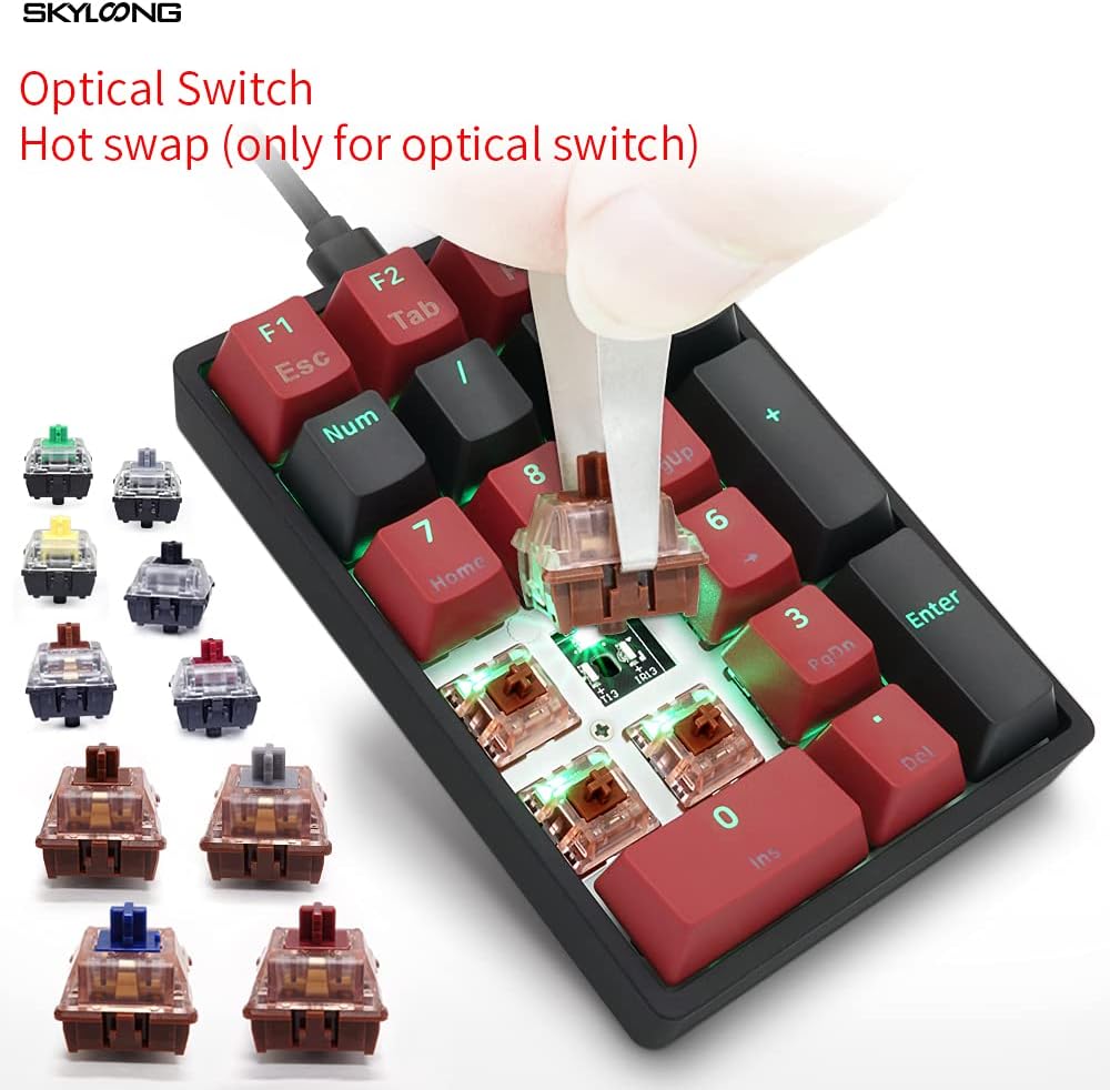 EPOMAKER SKYLOONG SK21 Numpad showing optical switch hot-swap capability.