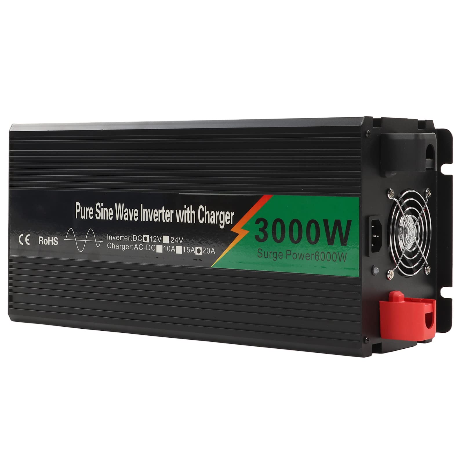Hyuduo Przetwornica Napięcia Czystej Fali Sinusoidalnej, Aluminiowy Przetwornica Napięcia DC 12 V na AC 3000 W z Zasilaczem UPS, Szczytowa Moc 6000 W, 2 Gniazda USB 15 A, ładowanie dla Samochodu