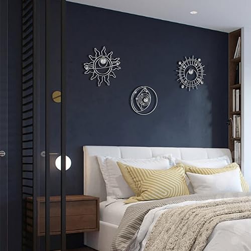 Vista 20 de Manortang Decoración de pared dorada de metal de 9 pulgadas, arte abstracto de sol, luna y estrella, arte de pared adornado con planeta místico