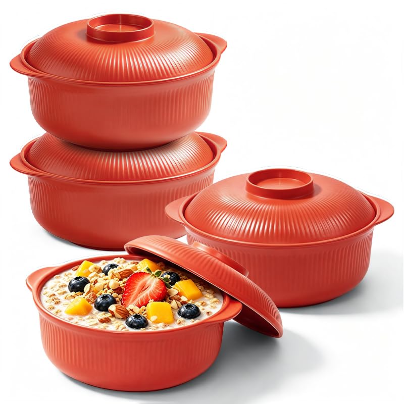 Image of Orange 40oz Cereal Bowls with lid set of 4,Microwave Safe,Family&Camping | Unbreakable,Lightweight,BPA-free Plastic bowls stackable and clean easily in the dishwasher,ideal for soup, kids and travel