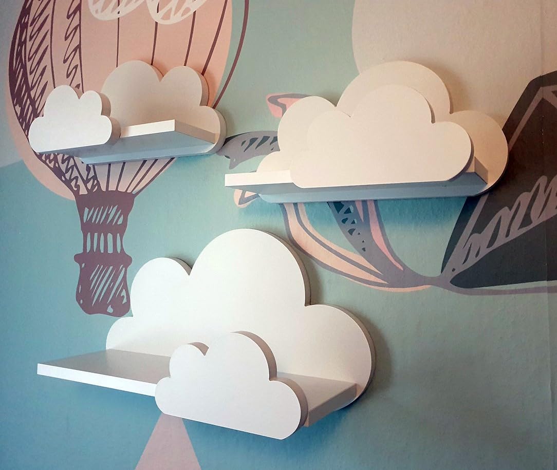 Moli Prestige - Set di 3 mensole da parete per cameretta dei bambini, con decorazione frontale, per libri, giocattoli, decorazione