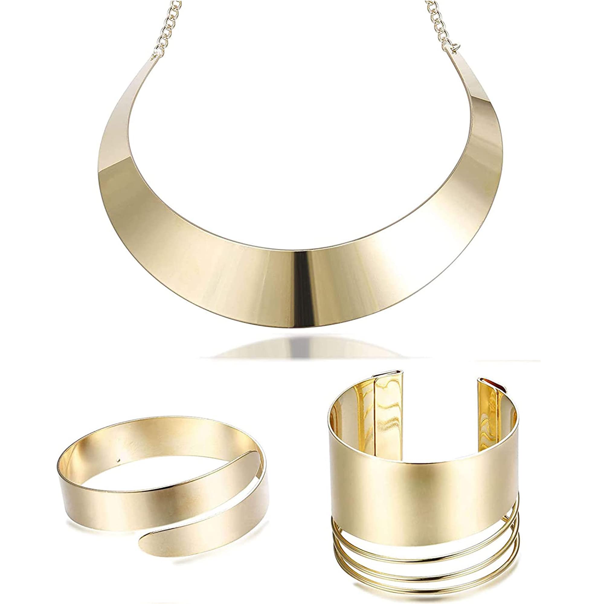 Adramata 3Pcs Bib Dorado Choker Collares llamativos para Mujer Pulsera con Brazalete Oro Africano Conjunto de Joyas