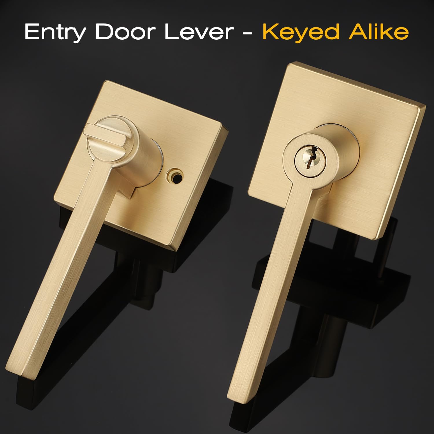 ehomeware 2 pcs satin brass door handles, interior/exterior door knobs with lock and key, gold entry door levers for bedroom bathroom or front doors, heavy duty modern door hardware 2 entry door lock with keys
