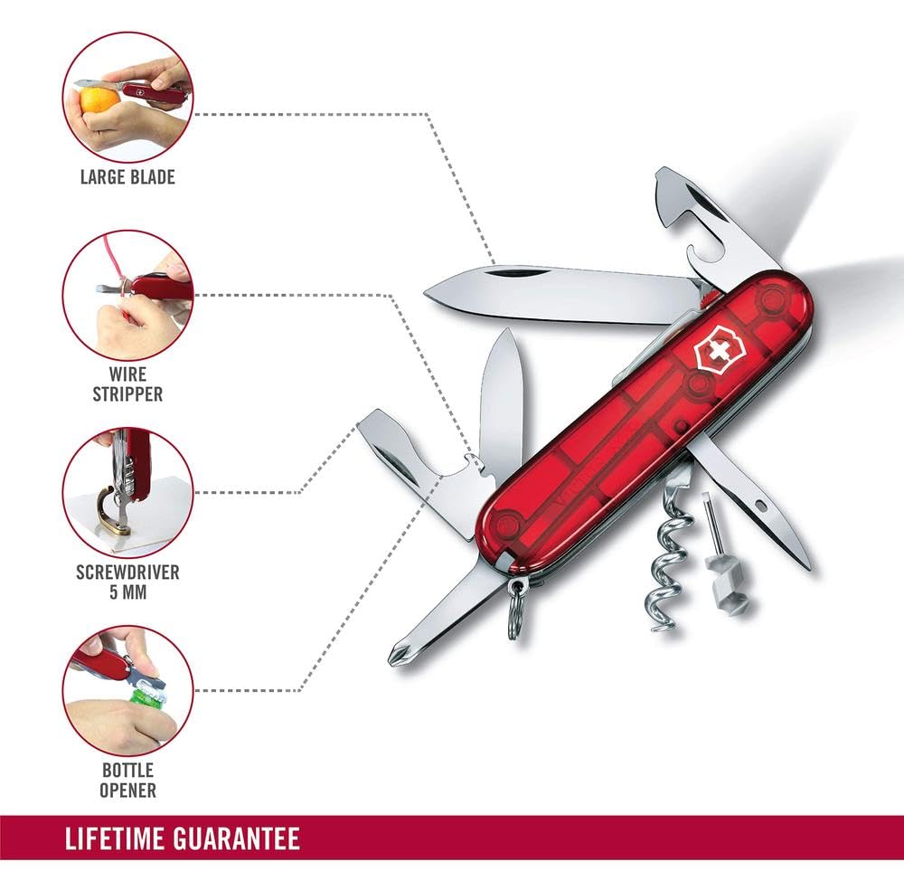 Victorinox Spartan Lite Couteau de Poche Suisse, Léger, Multitool, 15 Fonctions, Grand Lame, Tire Bouchon, Led, Rouge Transparent