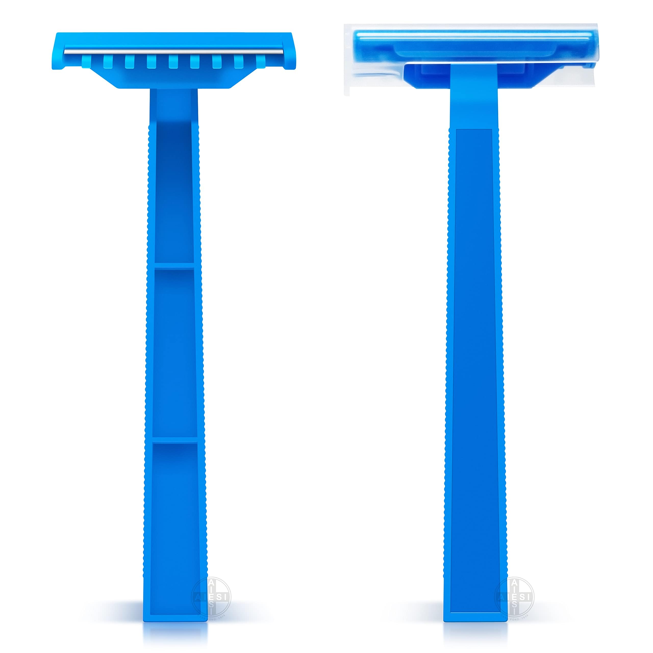 AIESI® Rasoi monouso per tricotomia monolama (100 pezzi) in acciaio inox con pettine e cappuccio di protezione