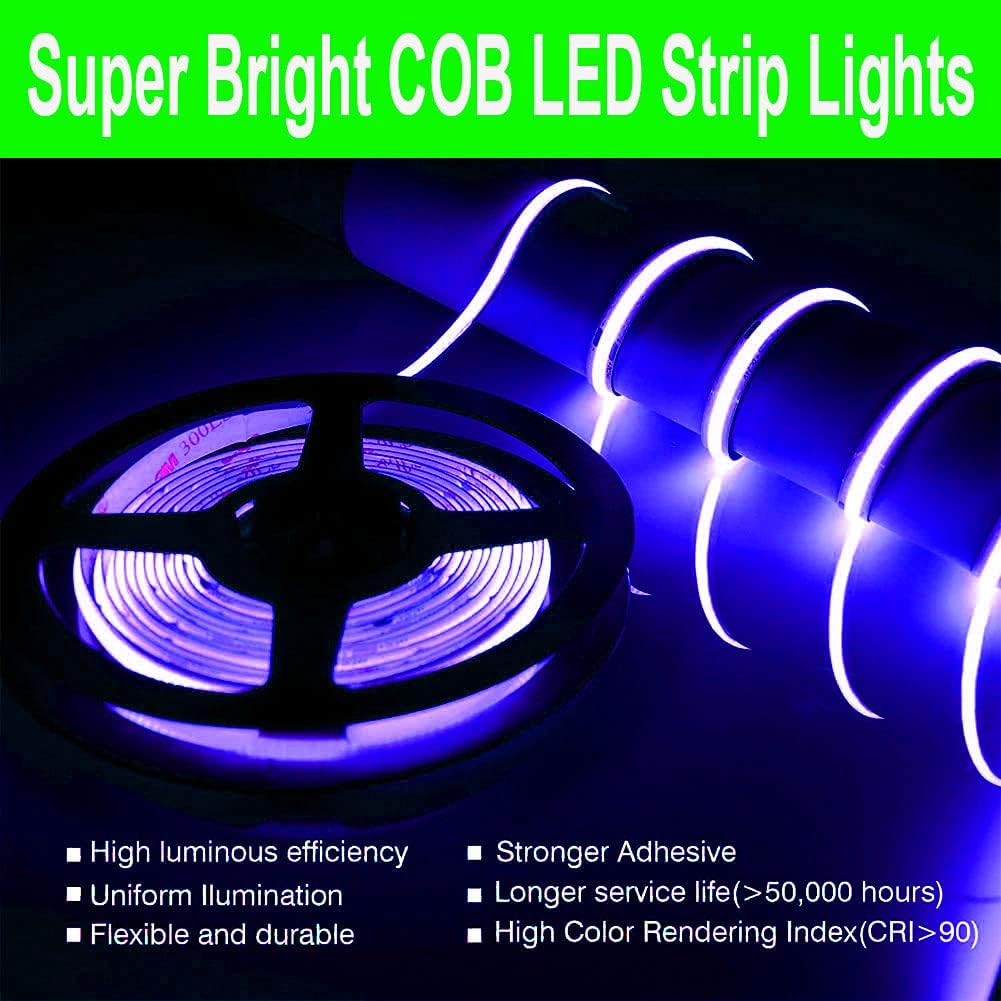 SUYOOULIN COB Strip Lights, 16.4ft/5m DC24V High Density 2640 LEDs Light Strip, 52800LM Super Bright Dimmable Non-Waterproof LED Tape Light for Party Stage Living Room Decor(Blue)