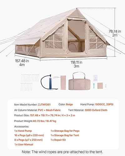 Miniatura 8 de Tiendas inflables para 5-8 personas de 129 pies cuadrados, tienda de campaña de inflado rápido, tienda de campaña Oxford Glamping 300D con gato de