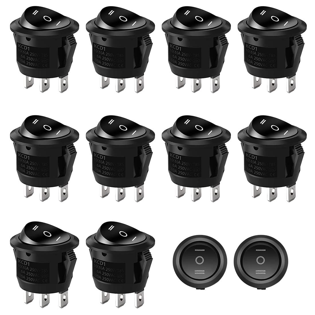 HONGECB Interruptor Basculante Redondo, 3 Pines Y 3 Posiciones ON/OFF/ON, Interruptor de Tipo Redondo, para Electrodomésticos de Auto Barco, 6A / 250v, 10A / 125V, 10 Piezas