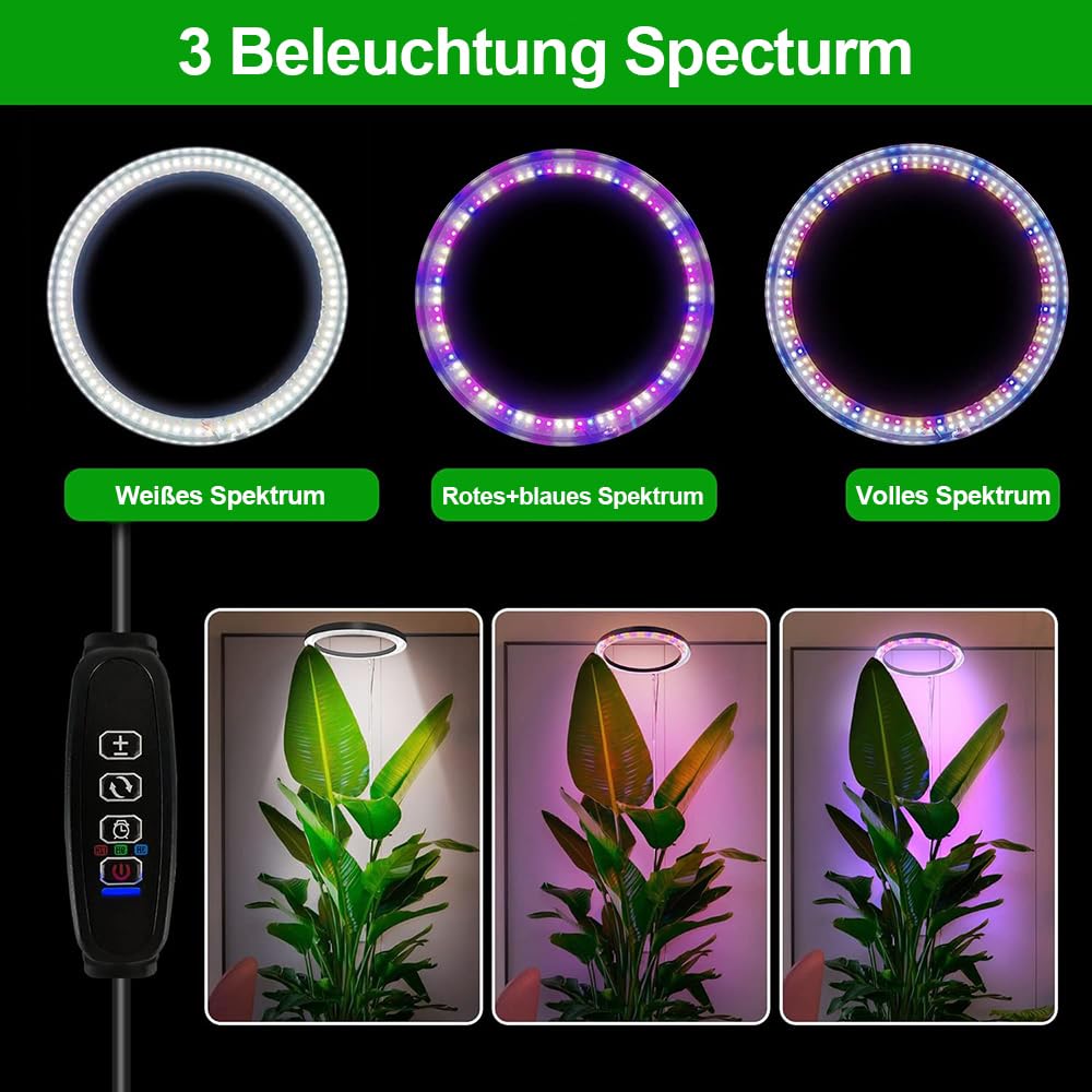 Rosnek LED Ring Wachstumslichter für Zimmerpflanzen, 160 LEDs Vollspektrum Pflanzenlampe mit Teleskopstange, 35-155 cm Höhenverstellbar, 3/9/12 Timer, Pflanzenlicht für Gartenpflanzen