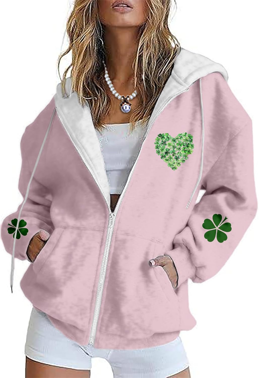 domirica Green Hoodies For Women Shamrock Graphic Zip Up Long Sleeve Drawstring Hooded Sweatshirts For St Patricks Day