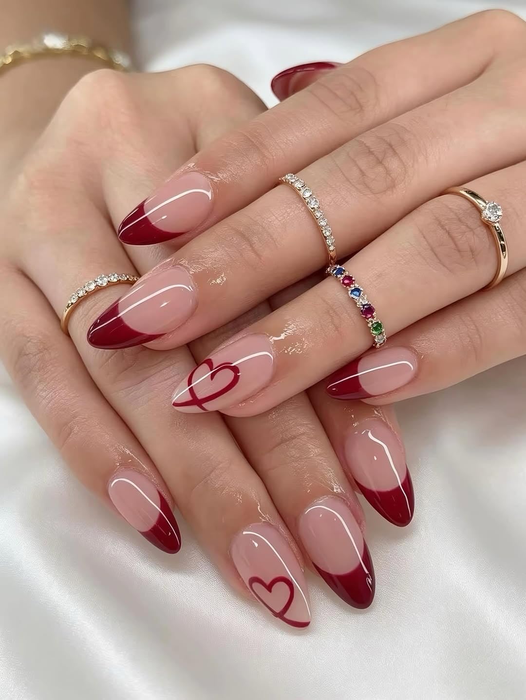 Elegant Burgundy French Tip Press-On Nails Size Medium | Almond Shape, Glossy Finish, Reusable, Salon-Quality, Valentine's Day-image-22