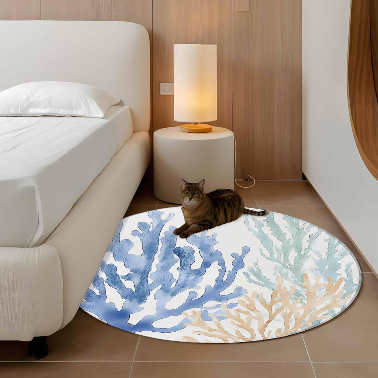 Coral Blue Green Beige Round Rug 3ft Area Rug Washable Soft Non-Slip 3' Circle Low Pile Rugs Summer Coastal Ocean Plant Carpet for Bedroom Living Room Entryway Home Office Dining Room