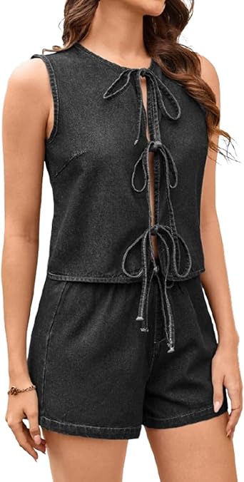 Womens 2 Piece Denim Set Sleeveless Lace up Tank Top Elastic Waist Shorts, Womens Denim 2 Piece Set