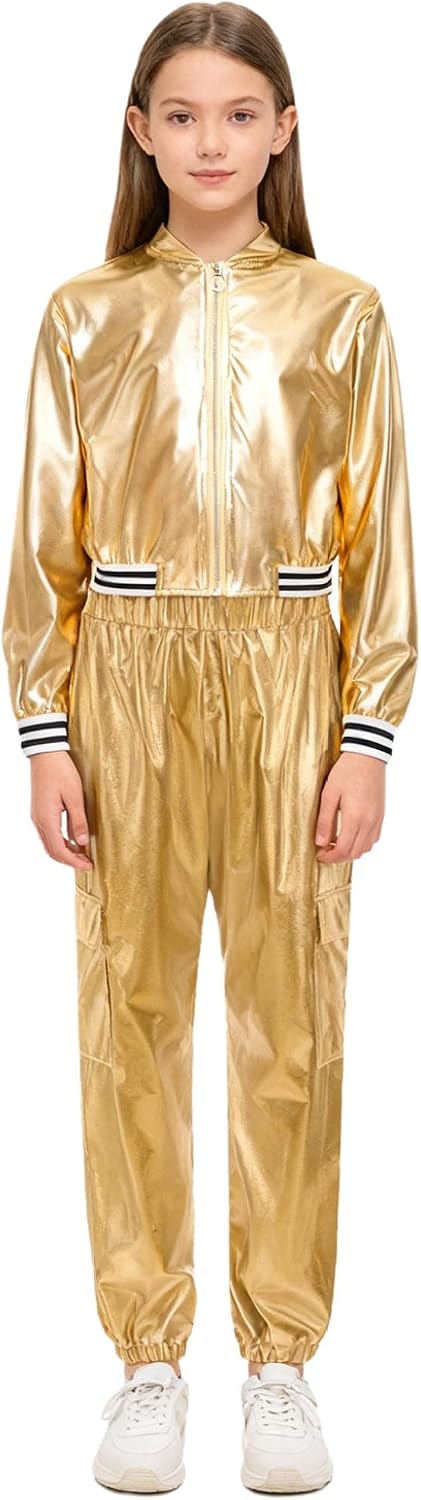 Boys Girls 2 Piece Modern Hip Hop Jazz Dance Outfit Metallic Long Sleeve Jacket and Pants Set Tracksuit