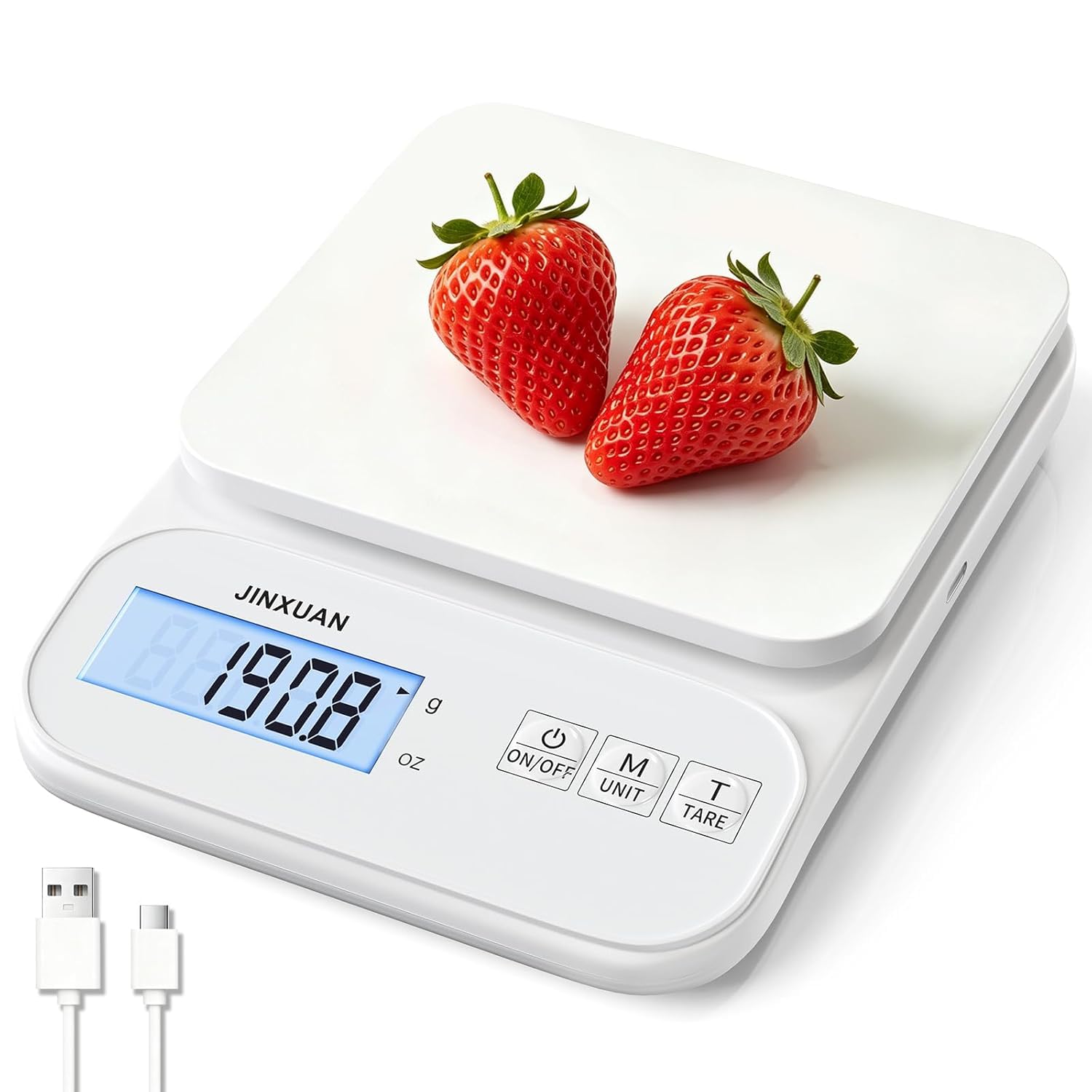 Rechargeable Digital Kitchen Scales, 5kg/0.1g High Precision Food Scale with Backlit LCD Display, Multi-Unit Weighing Scales for Cooking, Baking, Meal Prep, Weight Loss & Diet, White