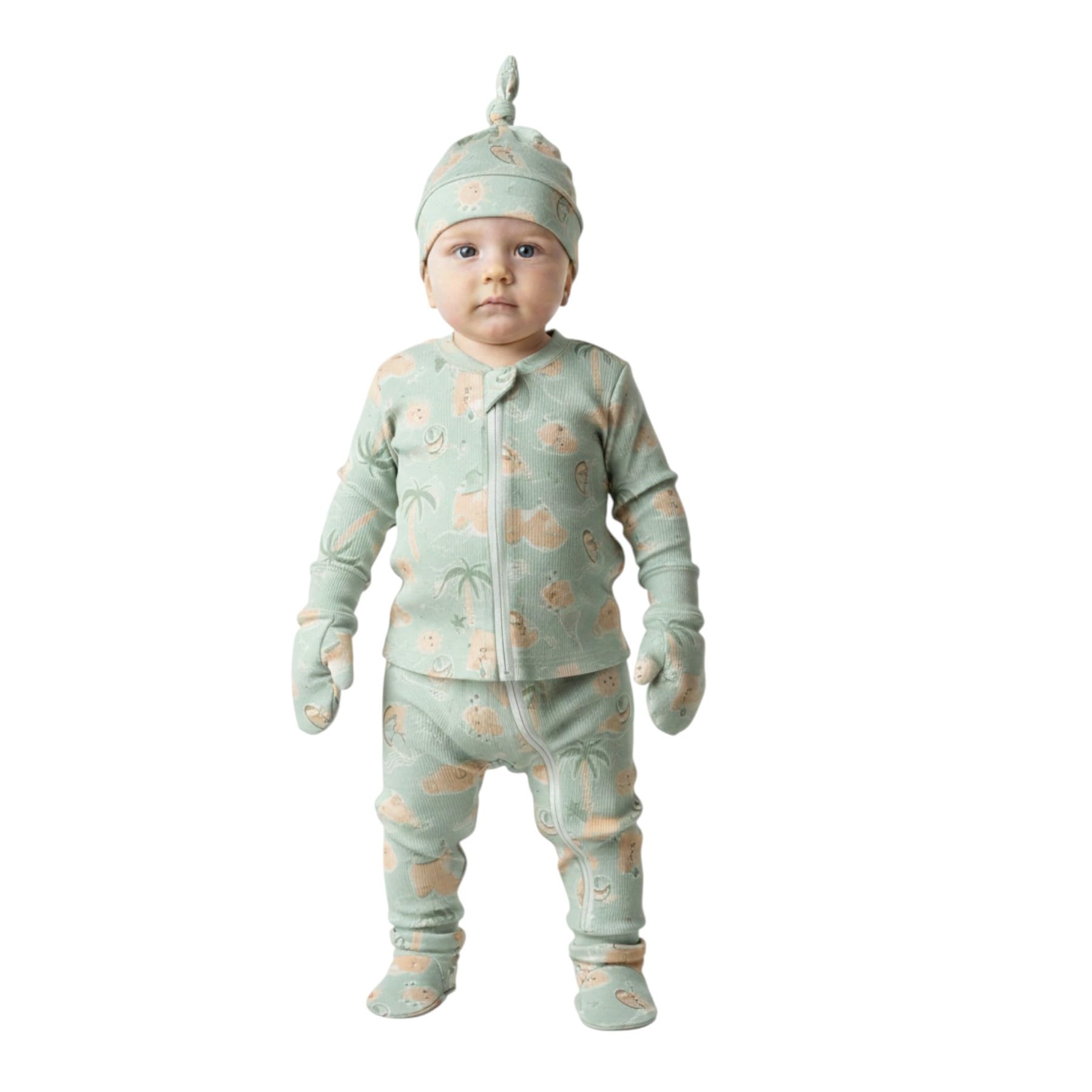 FILLY AND COLT Newborn Baby Essentials Set 4-Piece Soft Cotton Jumpsuit with Zipper Onesie, Knot Hat, Mittens & Booties | Unisex Infant Sleepsuit with Cute Bird & Leaf Print(0-4Months,2.5kg to 5.5kg)-image-35