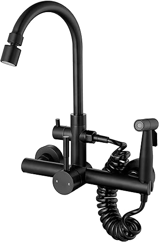 Grifo de cocina de montaje en pared de 8 pulgadas, grifo negro mate para cocina, con pistola rociadora y 2 chorros de agua, grifo de pared giratorio