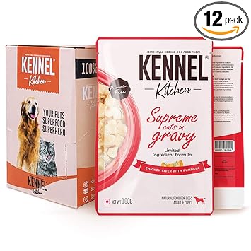 Kennel Kitchen Supreme Cuts in Gravy, Chicken Liver with Pumpkin, 100g (Pack of 12). Wet Dog Food for Adult and Puppy