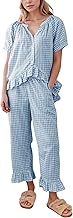 Flygo Womens Plaid 2 Piece Pajamas Sets Gingham Button Down Puff Sleeve Babydoll Shirt Ruffle Pants Y2K Pjs Lounge Set