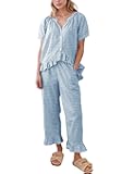 Womens Plaid 2 Piece Pajamas Sets Gingham Button Down Puff Sleeve Babydoll Shirt Ruffle Pants Y2K Pjs Lounge Set