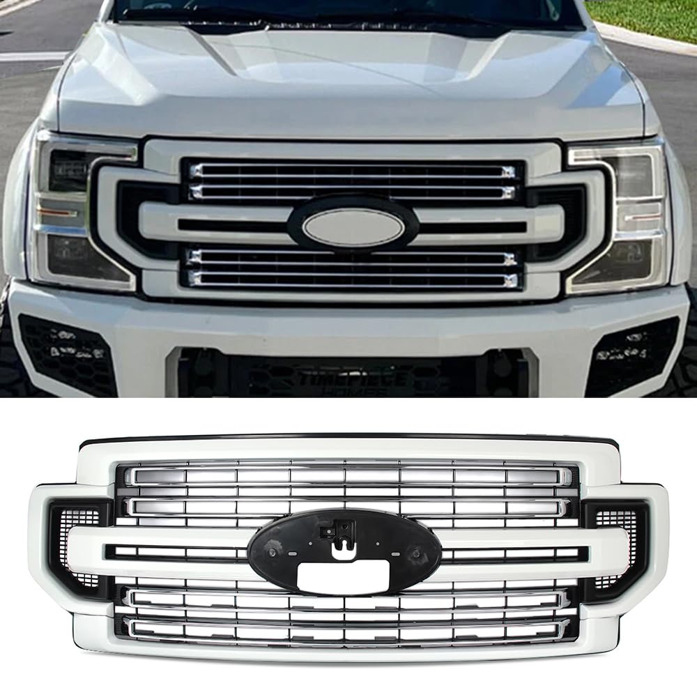 MIC Front Grille Grill Assembly Compatible with 2020-2022 Ford F-250 F-350 F250 F350 F-450 F450 Super Duty Limited (Oxford White+Chrome)