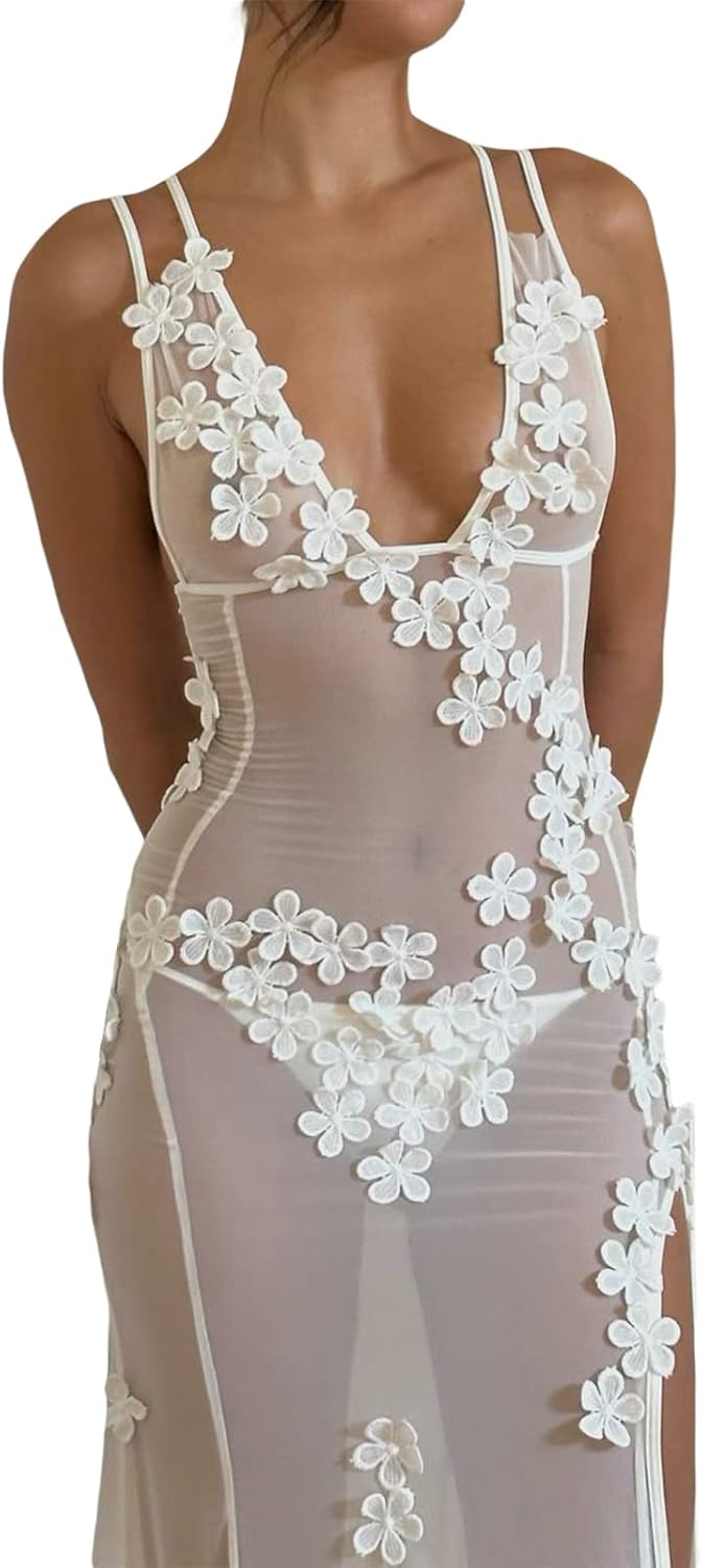 Women See Through Sheer Lace Long Dress Sleeveless Floral Patch Maxi Dress Summer Beach Cover Up Vocation Dress - Image 4
