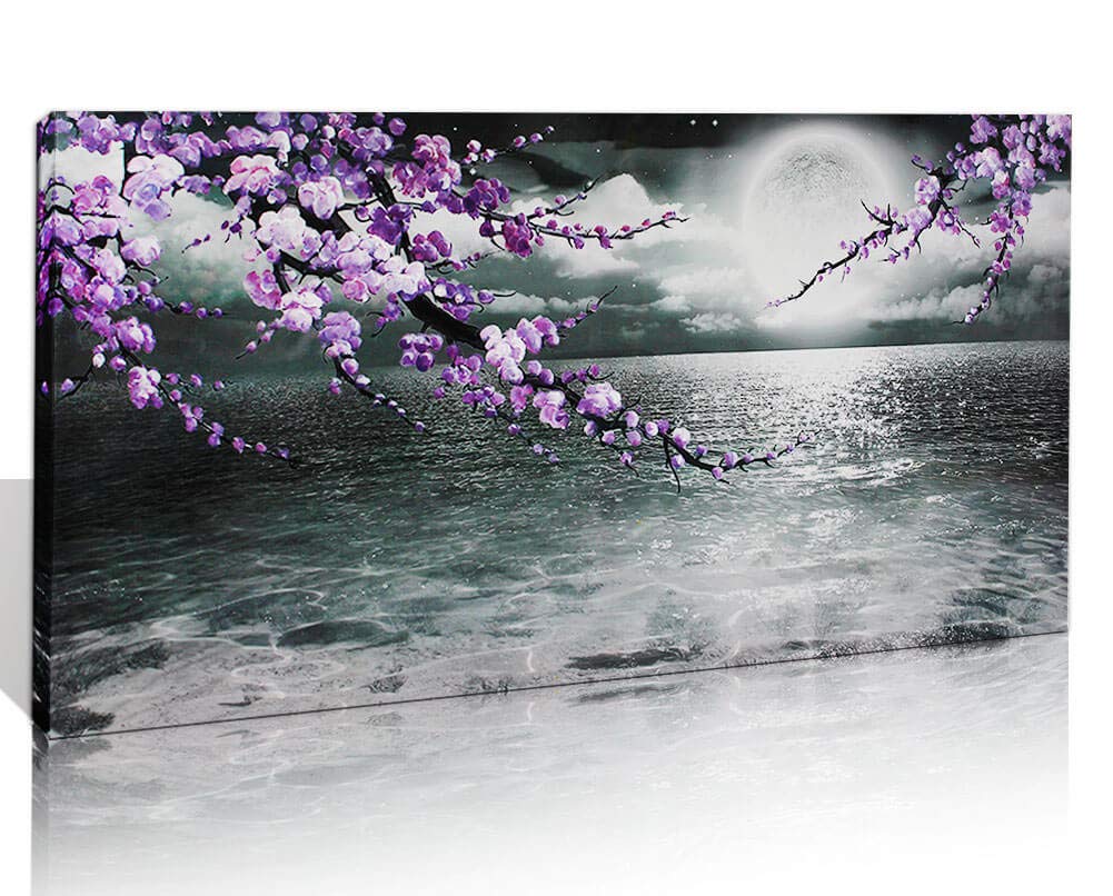 Large Purple Wall Art Decor for Living Room Bedroom Framed Black and White Seascape Full Moon Purple Flower Painting Canvas Picture Modern Hand-Painted Plum Blossom Artwork for Home Office 30x60