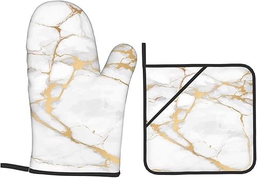 Miniatura 8 de Manoplas de horno y soportes para ollas, arte de mármol blanco y dorado, juego de 4 guantes de cocina resistentes al calor, antideslizantes