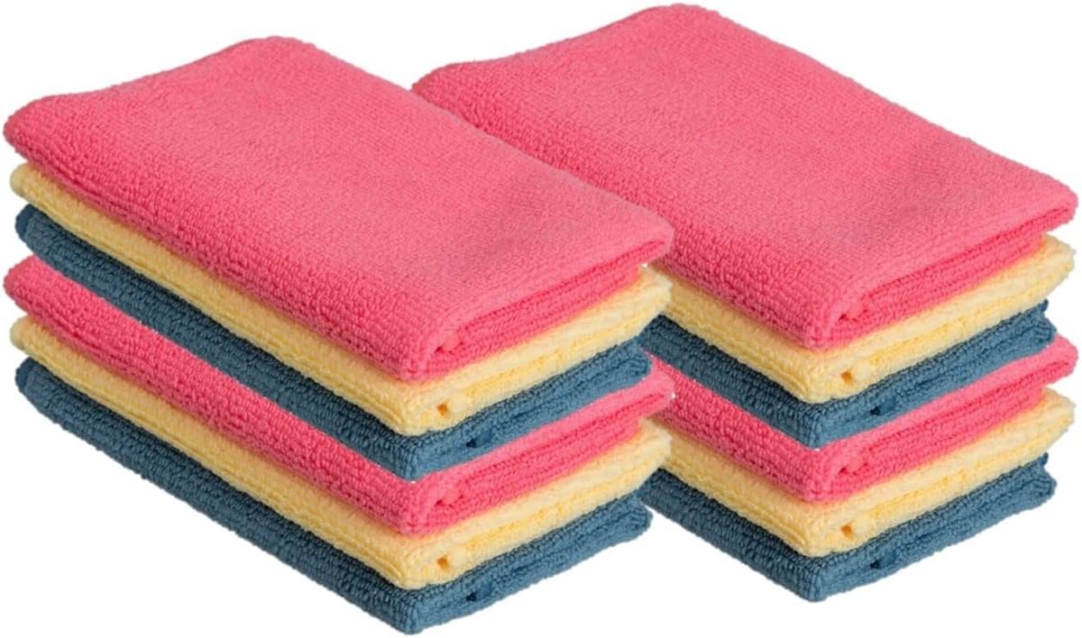 Superio Microfiber Cleaning Cloth 16"x16" Highly Absorbent Cleaning Rags for House, Kitchen, Bathroom,Car 12 Pack Multi Color Coded Multi-Purpose Streak-Free lint-Free Towels