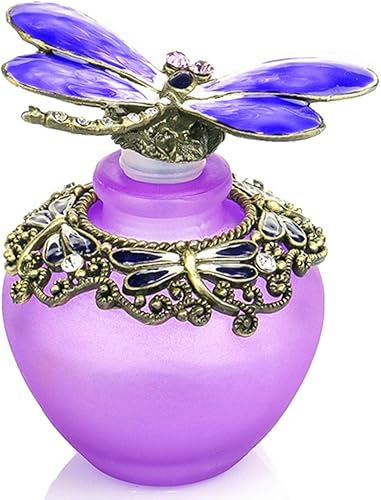 YU FENG 40ml Botella de perfume de vidrio recargable vacía con libélula púrpura elegante, botella de perfume con tapa de mariposa esmerilada retro