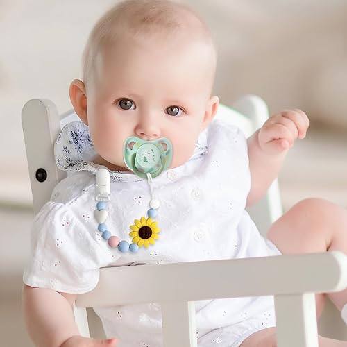 Miniatura 2 de Clip de silicona para chupete, paquete de 2 soportes para chupón para niños y niñas, adorables clips de girasol para chupete se adapta a la mayoría