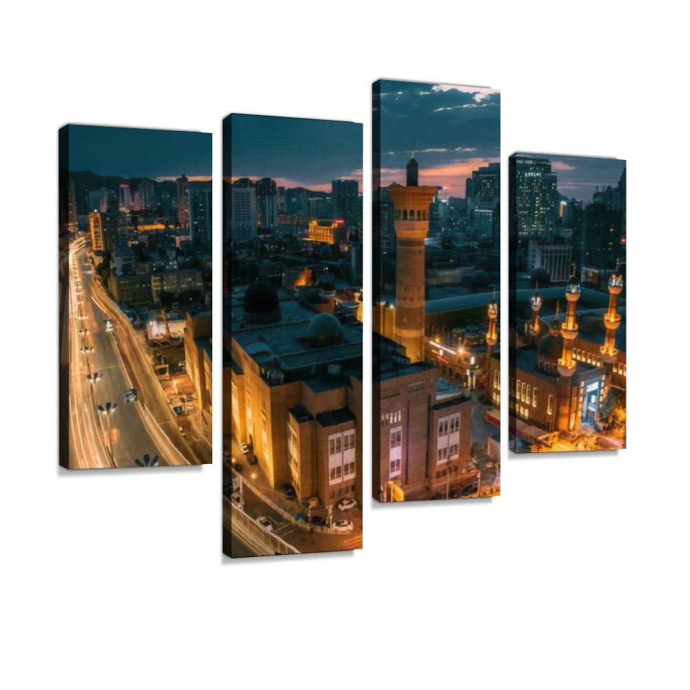 Nightscape of Grand Bazaar in Urumqi Canvas Print Artwork Wall Art Pictures Framed Digital Print Abstract Painting Room Home Office Decor Ready to Hang 4 Panel