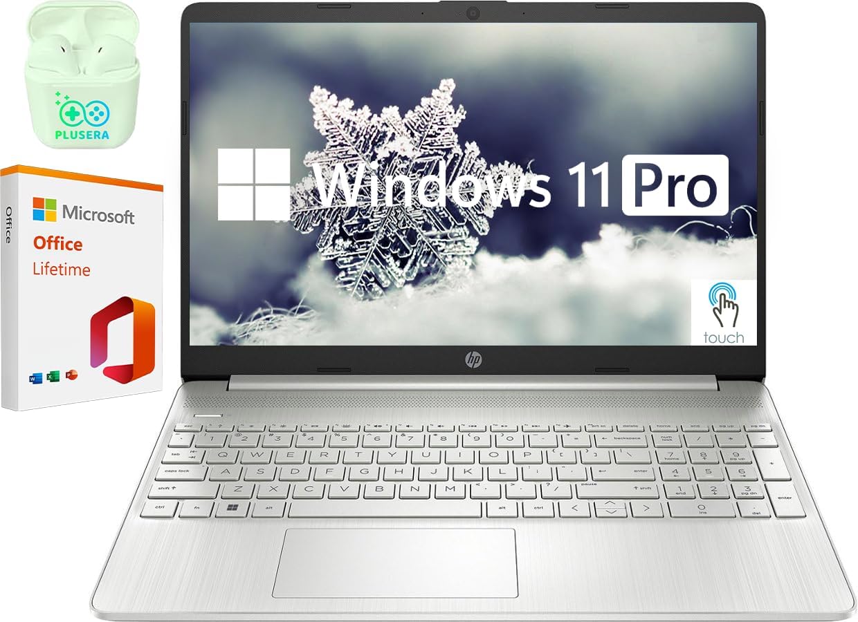 HP15.6" LED Touchscreen Business & Student Laptop Computer, Intel Core i3, Windows 11 Laptop, PLUSERA Earphones, Silver (Windows 11 Pro & MS Office, 12GB RAM | 256GB SSD)