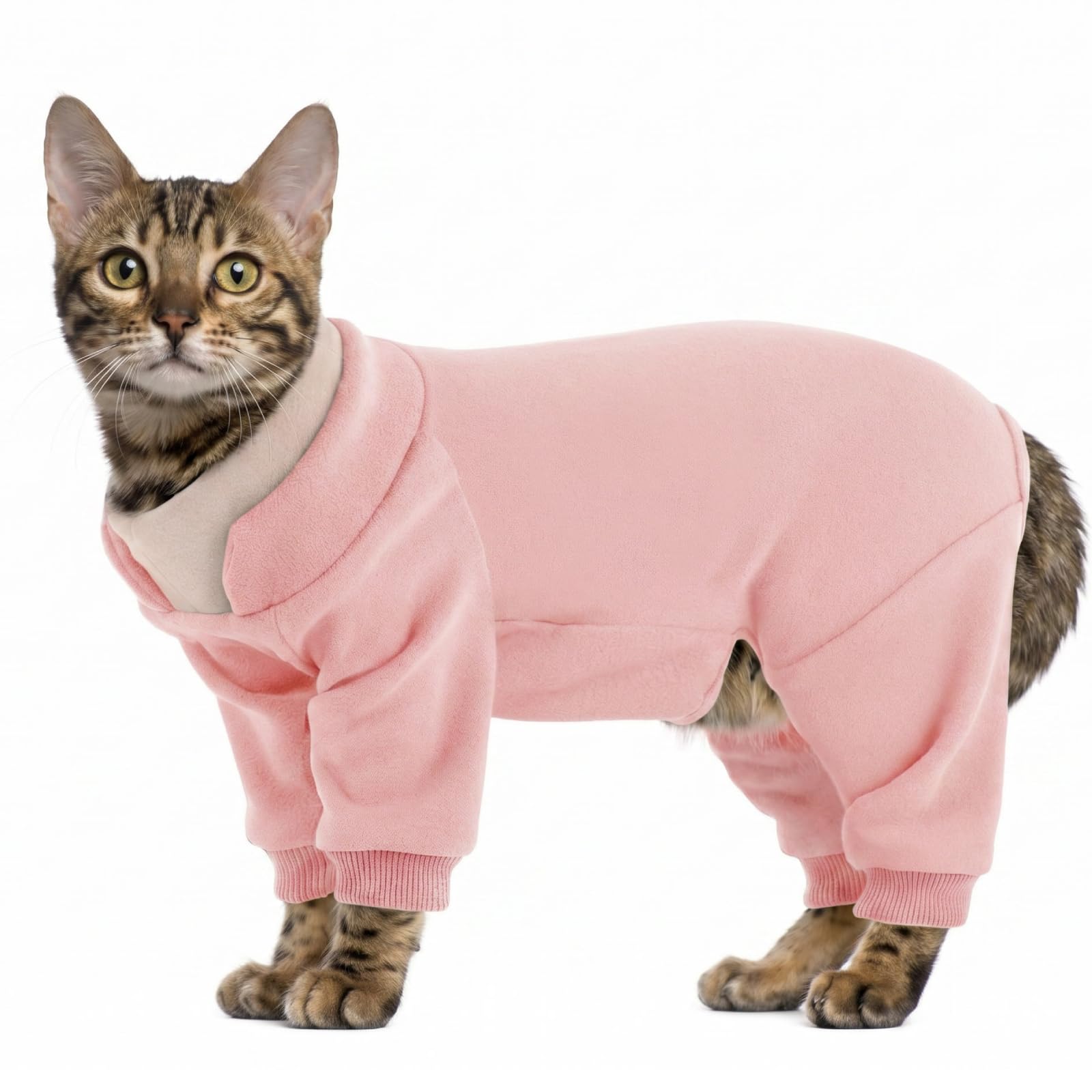 Hjumarayan Cat Recovery Suit, Cats Overgrooming Suit with Legs, Cat Onesie Sticky Hair Suit Post Surgery, Full Coverage Warm Fleece Dress to Stop Licking, Pink S