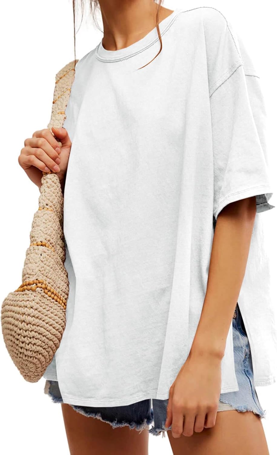 Tankaneo Womens Oversized Tshirts Summer Casual Short Sleeve Crew Neck T Shirt Loose Fit Side Slit Tee Tops